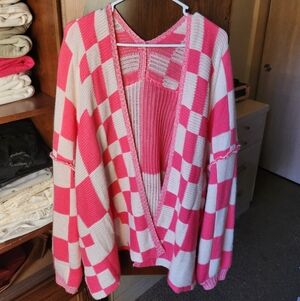 Pink and White Checkered Women's Sweater